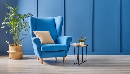 Elegant Blue Armchair Against a Serene Blue Wall in a Stylish Living Room Interior Design - A Perfect Blend of Comfort and Aesthetics for Modern Homes