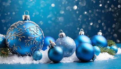 Elegant Blue Christmas Ornaments on a Serene Blue Background - Perfect for Your Merry Christmas Greeting Card or Banner Design to Celebrate the Joy of the Holiday Season