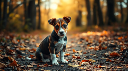Elegant Jack Russell Puppy Surrounded by Autumn Leaves and Sunlight