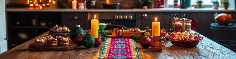 A warm and welcoming kitchen adorned with vibrant holiday decorations, featuring a bright and colorful table runner, surrounded by festive treats and candles.