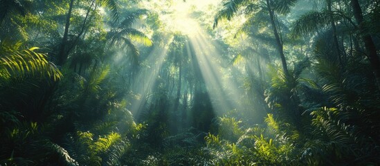 Obraz premium Sunbeams piercing through lush, vibrant rainforest.