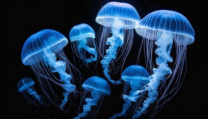 Stunning Blue Jellyfish Captured in its Natural Habitat - A Mesmerizing Display of Natures Beauty and Marine Life, Showcasing the Intricate Details of the Jellyfishs Ethereal Glow and