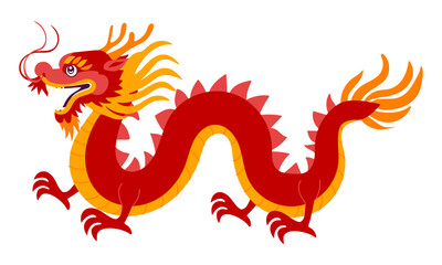 A red dragon with orange and yellow markings. It has a mouth open and is walking. The dragon is on a white background