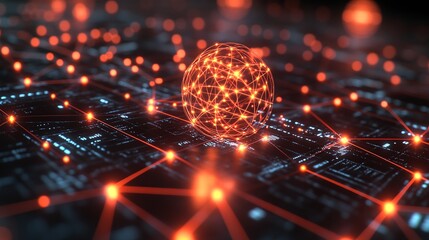 A glowing interconnected network of lines and dots with a central 