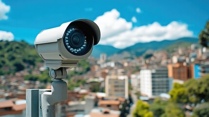 Fototapeta premium Security Camera Lens Zoomed in on City Landscape