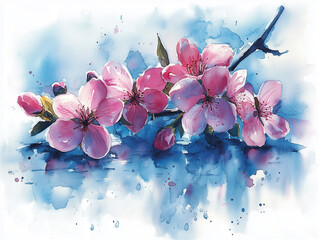 branch with peach flowers. postcard. poster watercolor