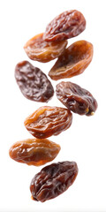 Falling Raisin Isolated on White Background - High-Quality Image with Full Depth of Field.
