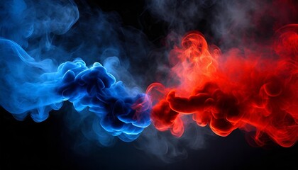 Stunning Abstract Blue vs Red Smoke Effect on Black Background: Neon Flame Cloud with Dust - A Vivid Display of Colorful Energy and Movement