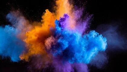 Vibrant Bluish Smoke Cloud of Colored Powder: A Stunning Display of Bright Orange, Purple, and Blue Hues Captivating the Viewer with Its Ethereal Beauty and Dynamic Movement