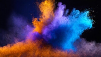 Vibrant Bluish Smoke Cloud of Colored Powder: A Stunning Fusion of Bright Orange, Purple, and Blue Hues Capturing the Essence of Celebration and Creativity in Every Swirl