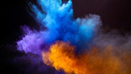 Vibrant Bluish Smoke Cloud of Colored Powder: A Stunning Display of Bright Orange, Purple, and Blue Hues Captured in a Dynamic and Artistic Composition