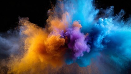 Vibrant Bluish Smoke Cloud of Colored Powder: A Stunning Fusion of Bright Orange, Purple, and Blue Hues Captured in a Mesmerizing Display of Artistic Expression and Energy