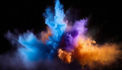 Vibrant Bluish Smoke Cloud of Colored Powder: A Stunning Display of Bright Orange, Purple, and Blue Hues in Artistic Expression and Creative Photography