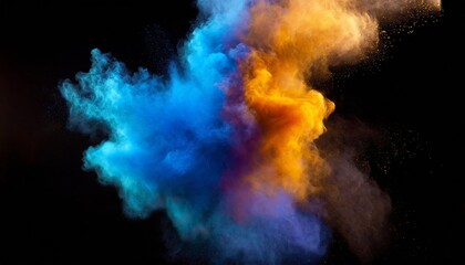 Vibrant Bluish Smoke Cloud of Colored Powder: A Mesmerizing Display of Bright Orange, Purple, and Blue Hues Captivating the Eye with Dynamic Swirls and Ethereal Beauty