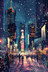 Festive Winter Cityscape Illustration with Time Square New York, Christmas Lights, Decorated Trees, Snowy Streets, and Holiday Cheer &ndash; Vibrant and Cozy Holiday Art for Seasonal Themes