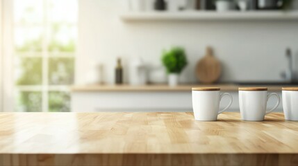 Kitchen island countertop with cups, modern kitchen background