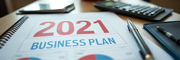 A 2021 business plan is placed on a desk table to motivate success concepts through effective management and organizational strategies._00001_