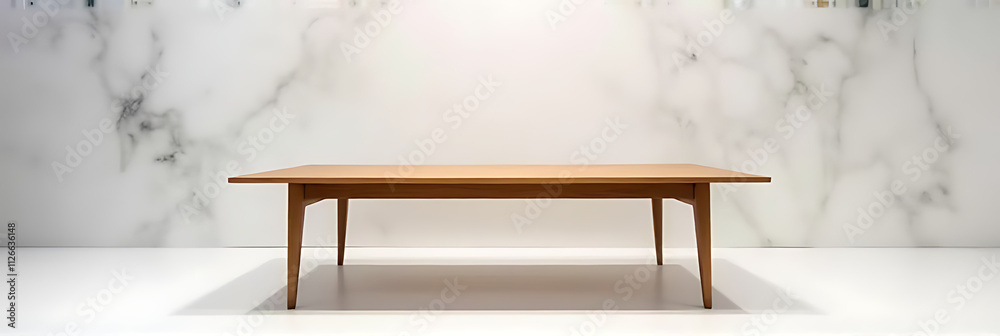 Poster A beautiful wood table sits atop a white abstract background in this display at a large department store._00001_
