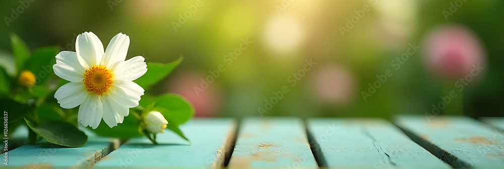 Aufkleber a blurred flower from the garden is set against a green wood table top for product display and desig