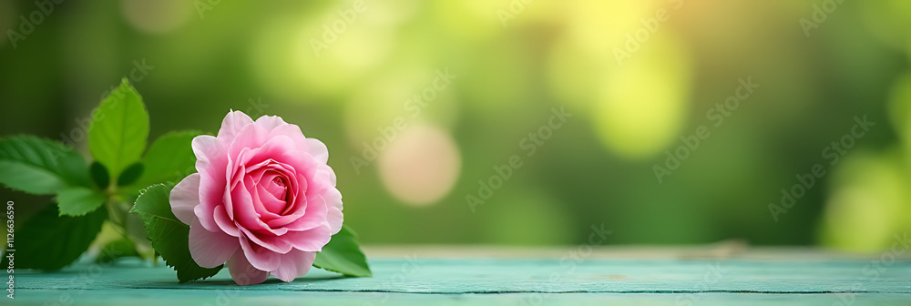 Poster a blurred flower from the garden is set against a green wood table top for product display and desig