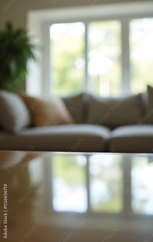 Aufkleber A blurred living room is visible through a glass table top in selective focus on the wooden surface below it._00002_