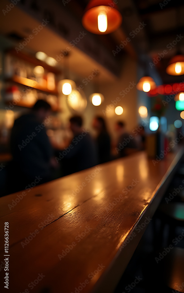 Poster a blurred wooden bar table is seen in a dimly lit night cafe with intentional selective focus effect