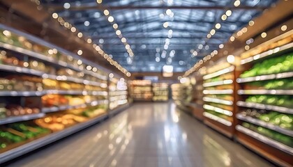 Blurred Bokeh Background of a Modern Supermarket: A Soft Focus Image Capturing the Vibrant Atmosphere of Retail Shopping Spaces with Colorful Products and Shelves