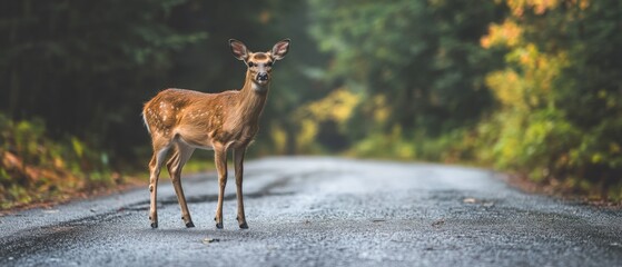 Obraz premium young deer standing on a quiet road in a forest