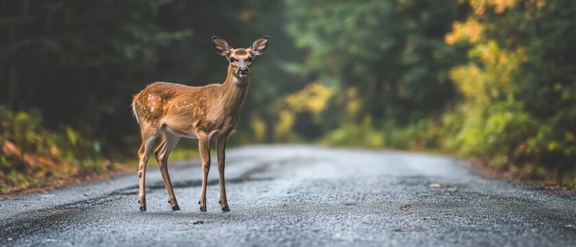 young deer standing on a quiet road in a forest