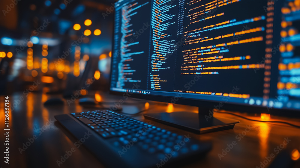 Poster a computer monitor displays a bunch of code on a dark background. the code is in orange and blue col