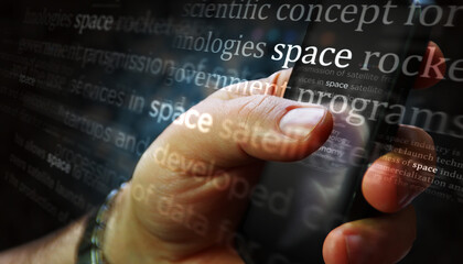 Space news titles on screen in hand 3d illustration