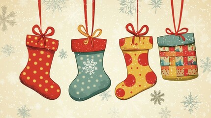 Cheerful Cartoon Style Wallpaper Featuring Mini Christmas Stockings with Colorful Patterns and Snowflakes, Perfect for Holiday Decor and Festive Designs
