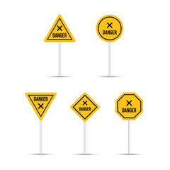 Realistic yellow danger road signs are isolated on a white background. Multiple shaped highway billboard design. Danger sign and icon collection. Five different shapes of cross icons.