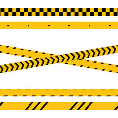 Set of horizontal and crossed caution tapes with attention black and yellow print. Six different types of danger tapes are isolated on a white background. Danger, warning and caution tapes.