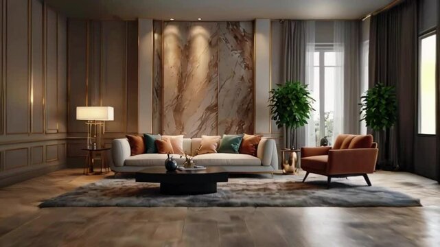 Luxury living room in warm colors. Brown beige walls, light gray lounge furniture -sofa, table. Empty background micro cement for art. Rich interior design, 4k High-Quality Wallpaper Background