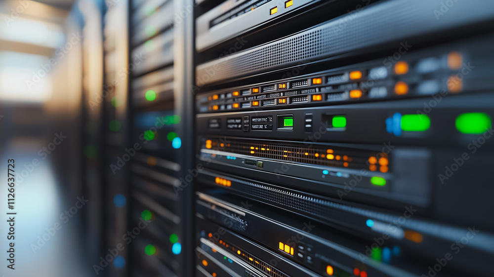 Poster a row of computer servers with green and orange lights. the servers are connected to each other and 
