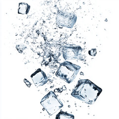 flying ice cubes falling water splash isolated on transparent background clipping path