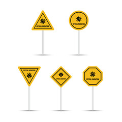 Optical radiation warning road signs are isolated on a white background. Danger, Caution and Warning Radiation zone billboard. Five different shapes of radiation icons. Signs of danger and alerts.