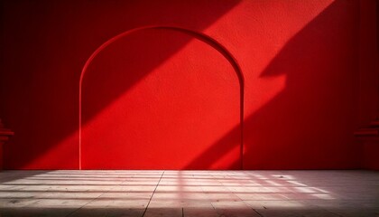 Light, soft shadow, deep red, modern studio, spacious room, textured background, warm summer, reflected on table, delicate product overlay, cast on empty floor, vibrant wall, minimal aesthetic.

