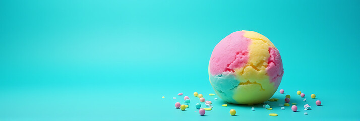 A colorful ice cream ball sits atop a bright blue background conveying joy and excitement for celebrations parties and summer fun._00002_