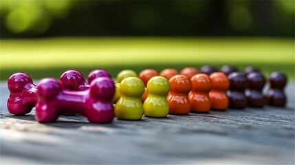 A brightly colored chew toy shaped like a bone displayed on a light gray background. 