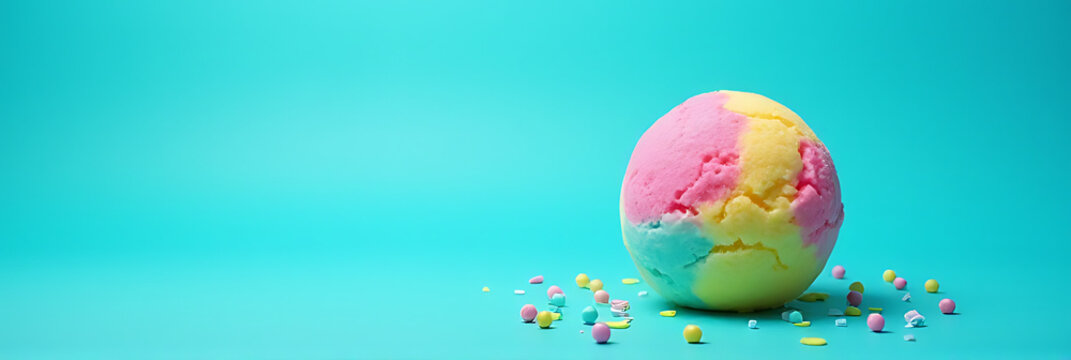 A colorful ice cream ball sits atop a bright blue background conveying joy and excitement for celebrations parties and summer fun._00002_