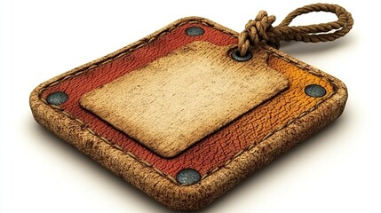 A square tag, light brown and orange with a rope border and small metal rivets.