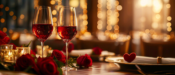 Romantic Valentine's dinner with red wine with bokeh light in the background.