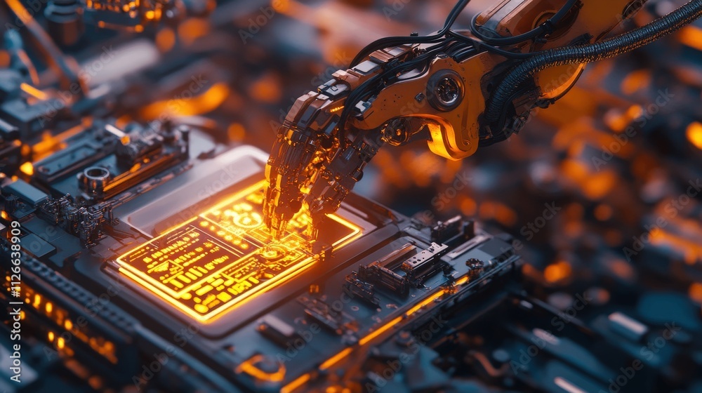 Poster Intricate Close-Up of a Robotic Arm Interacting with a Futuristic Circuit Board in an Abstract Technological Environment