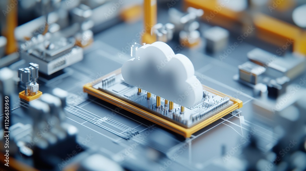 Poster Abstract depiction of cloud computing on a microchip, highlighting the integration of digital technology and cloud services in modern data management systems