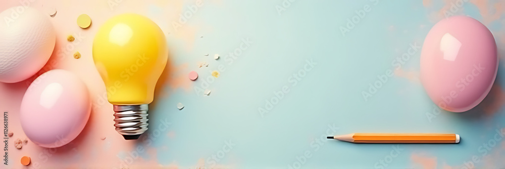 Poster a creative workspace features a lightbulb and pencil amidst soft pastel hues on a flat lay design fo