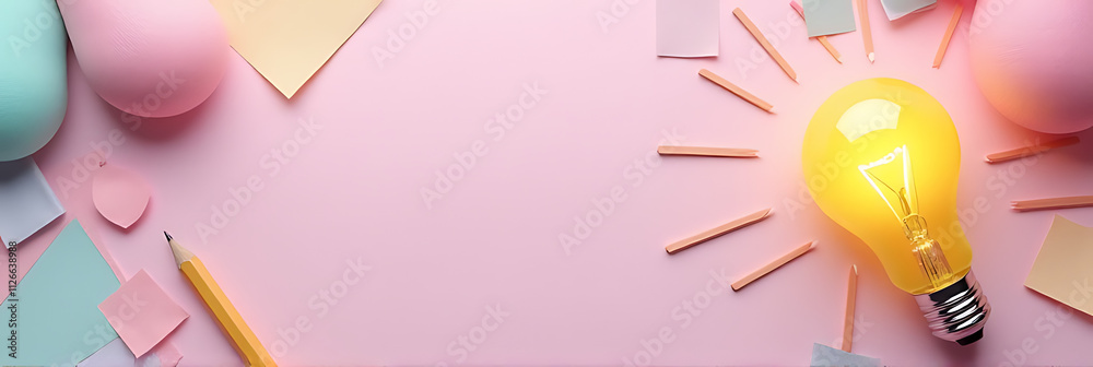 Aufkleber a creative workspace features a lightbulb and pencil amidst soft pastel hues on a flat lay design fo