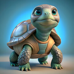 A cute cartoon turtle with big eyes looks at the camera.