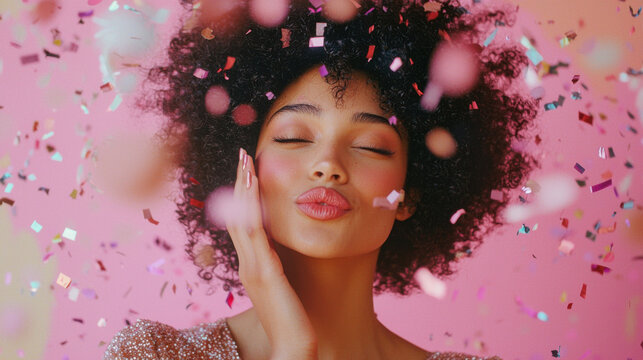 Happy celebration of new year 2025. Happy lovely woman send a kiss to camera on pink background with confetti. 